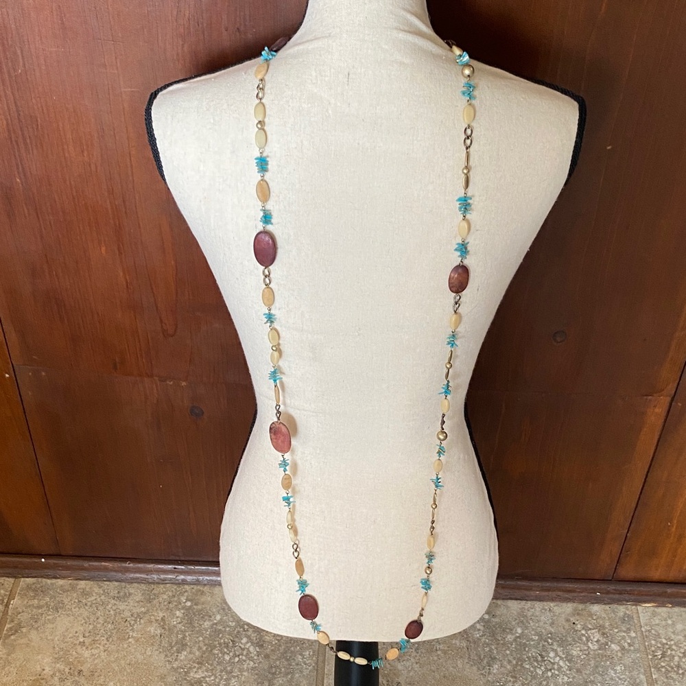 Vintage boho wood beads & mixed materials Long Beaded Necklace